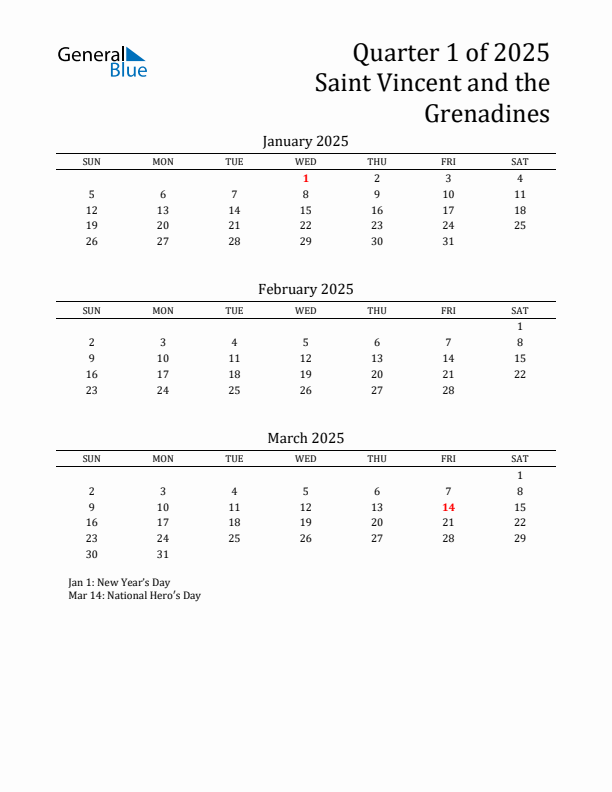 Quarter 1 2025 Saint Vincent and the Grenadines Quarterly Calendar