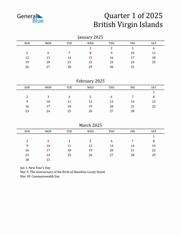 Quarter 1 2025 British Virgin Islands Quarterly Calendar