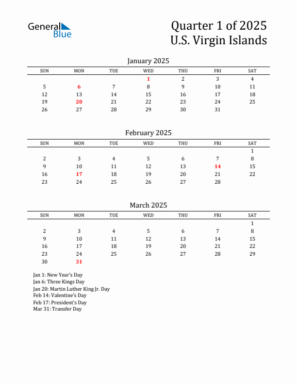 Quarter 1 2025 U.S. Virgin Islands Quarterly Calendar