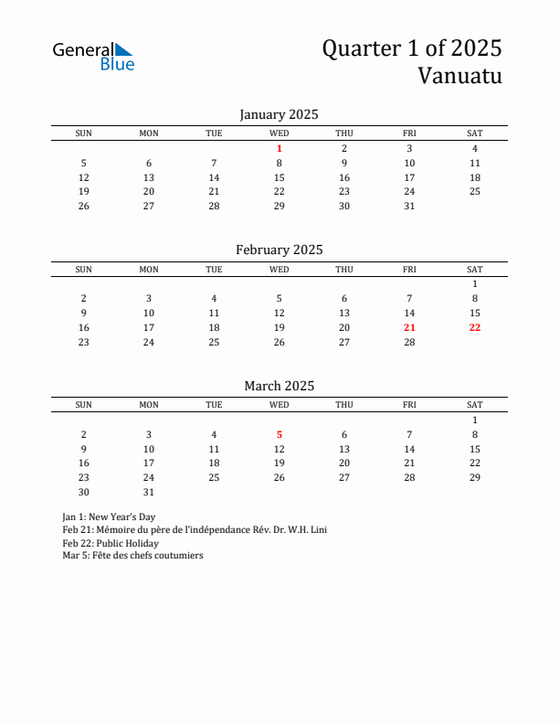 Quarter 1 2025 Vanuatu Quarterly Calendar
