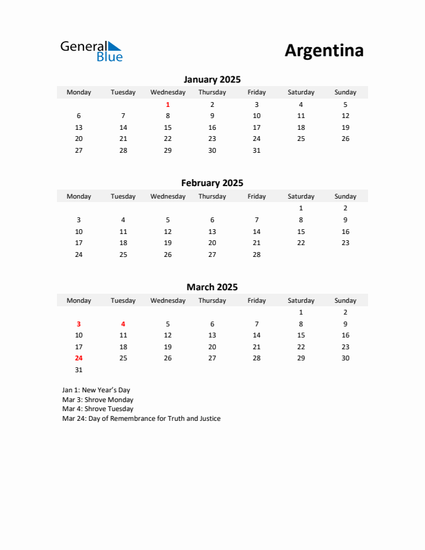 Printable Quarterly Calendar with Notes and Argentina Holidays- Q1 of 2025