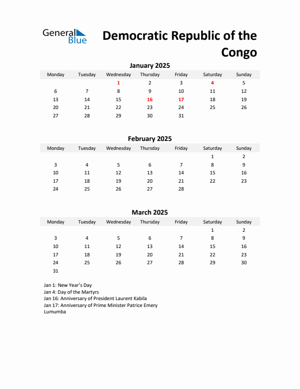 Printable Quarterly Calendar with Notes and Democratic Republic of the Congo Holidays- Q1 of 2025
