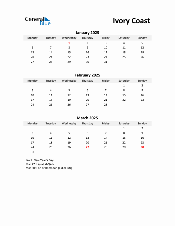 Printable Quarterly Calendar with Notes and Ivory Coast Holidays- Q1 of 2025