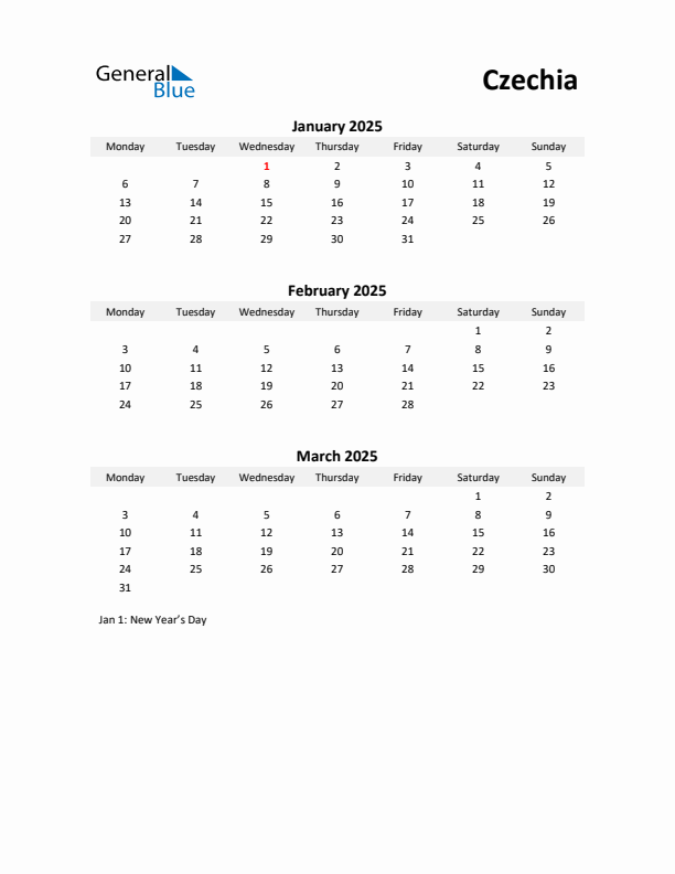Printable Quarterly Calendar with Notes and Czechia Holidays- Q1 of 2025