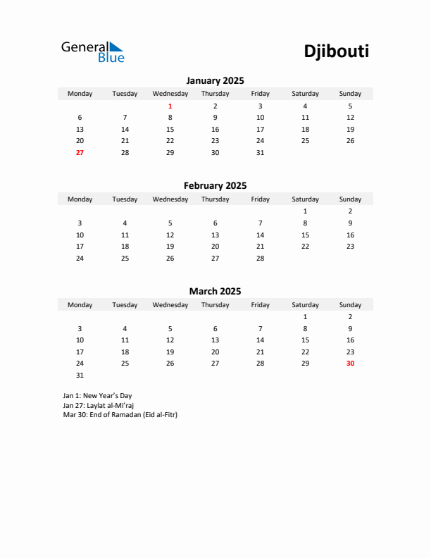 Printable Quarterly Calendar with Notes and Djibouti Holidays- Q1 of 2025