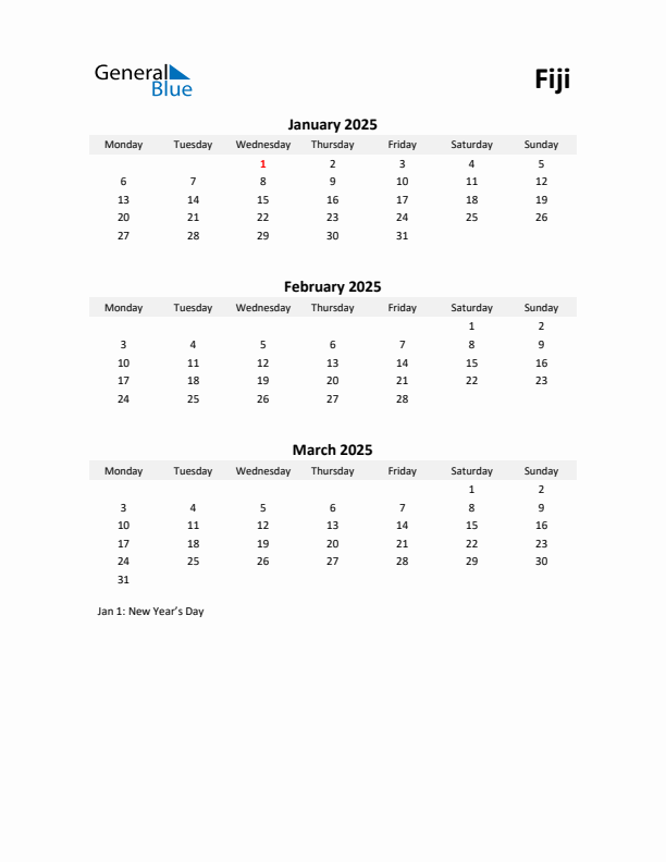 Printable Quarterly Calendar with Notes and Fiji Holidays- Q1 of 2025