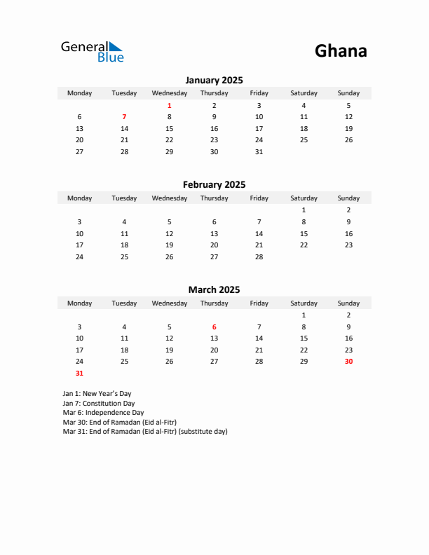 Printable Quarterly Calendar with Notes and Ghana Holidays- Q1 of 2025