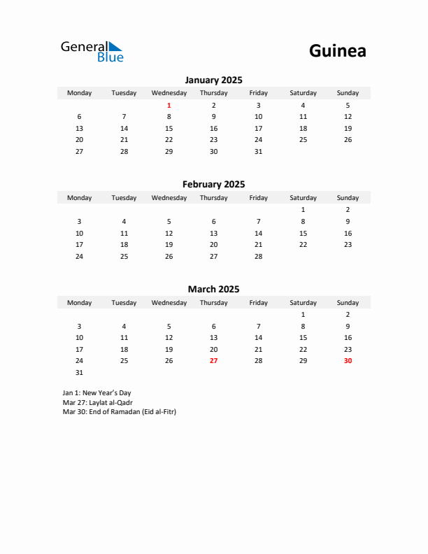 Printable Quarterly Calendar with Notes and Guinea Holidays- Q1 of 2025