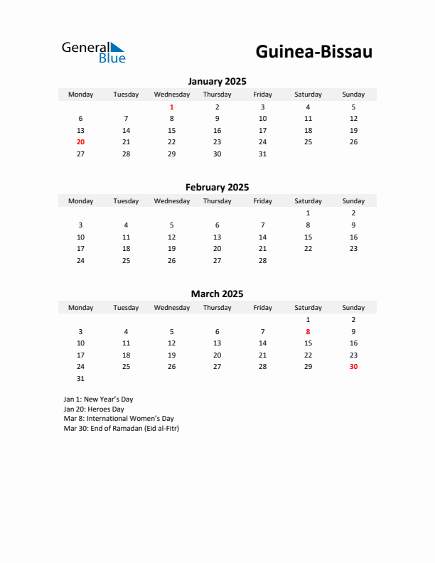Printable Quarterly Calendar with Notes and Guinea-Bissau Holidays- Q1 of 2025