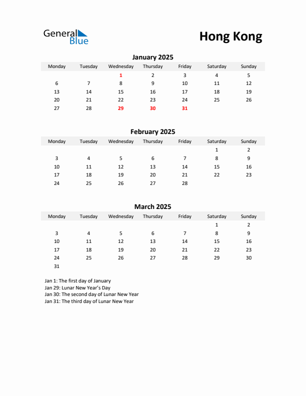Printable Quarterly Calendar with Notes and Hong Kong Holidays- Q1 of 2025