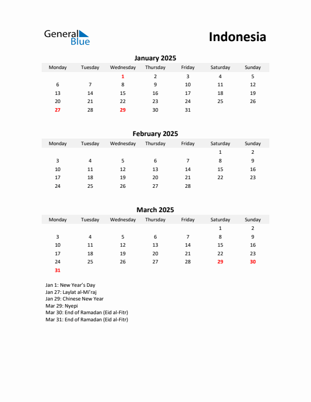 Printable Quarterly Calendar with Notes and Indonesia Holidays- Q1 of 2025