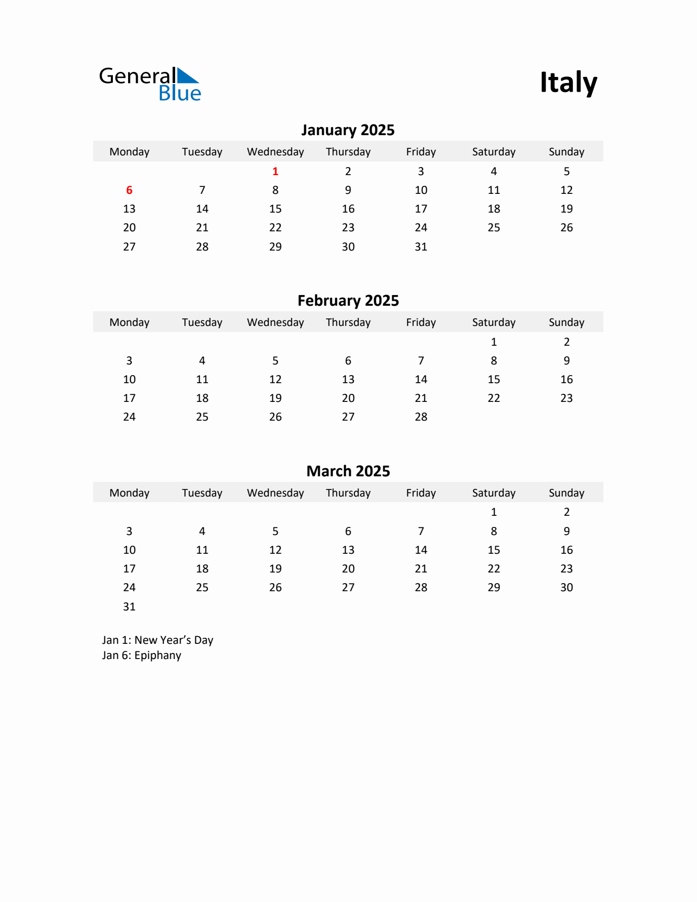 Printable Quarterly Calendar with Notes and Italy Holidays- Q1 of 2025