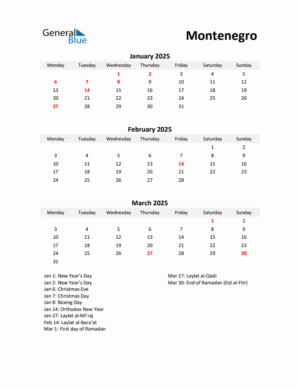 Printable Quarterly Calendar with Notes and Montenegro Holidays- Q1 of 2025