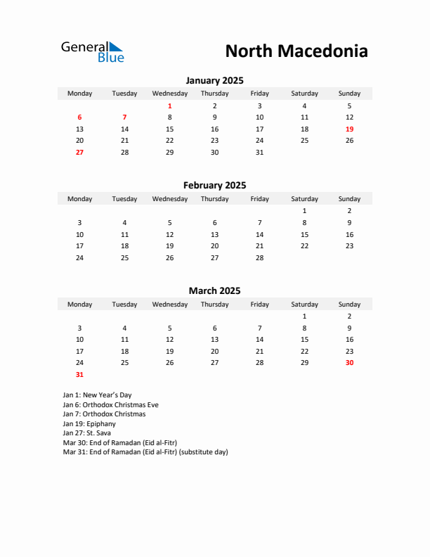 Printable Quarterly Calendar with Notes and North Macedonia Holidays- Q1 of 2025