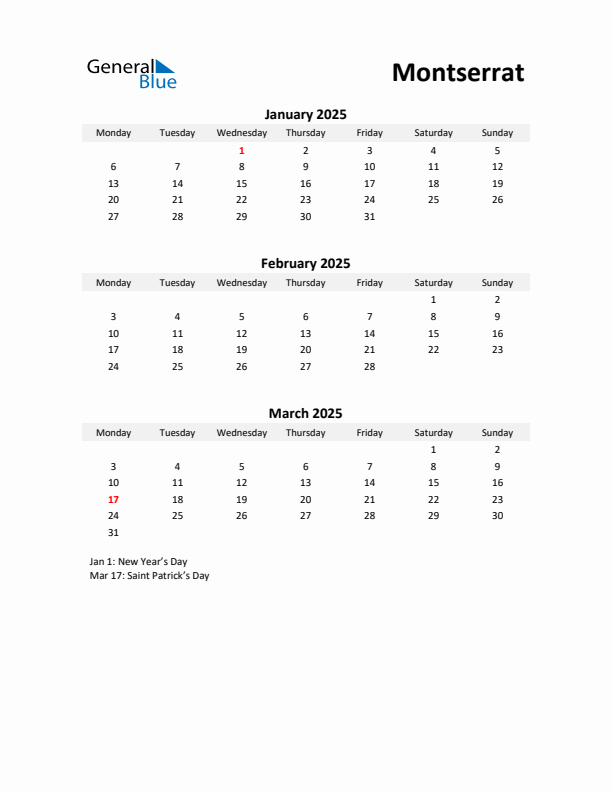 Printable Quarterly Calendar with Notes and Montserrat Holidays- Q1 of 2025
