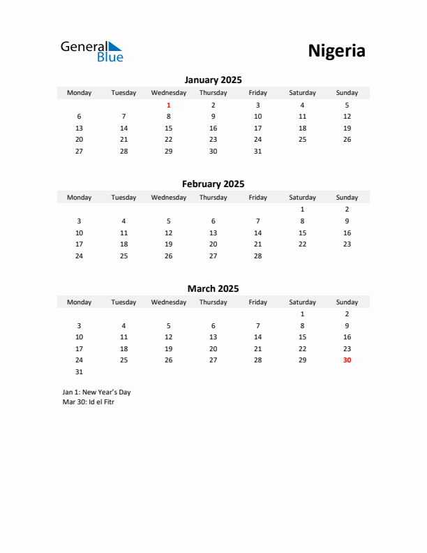 Printable Quarterly Calendar with Notes and Nigeria Holidays- Q1 of 2025
