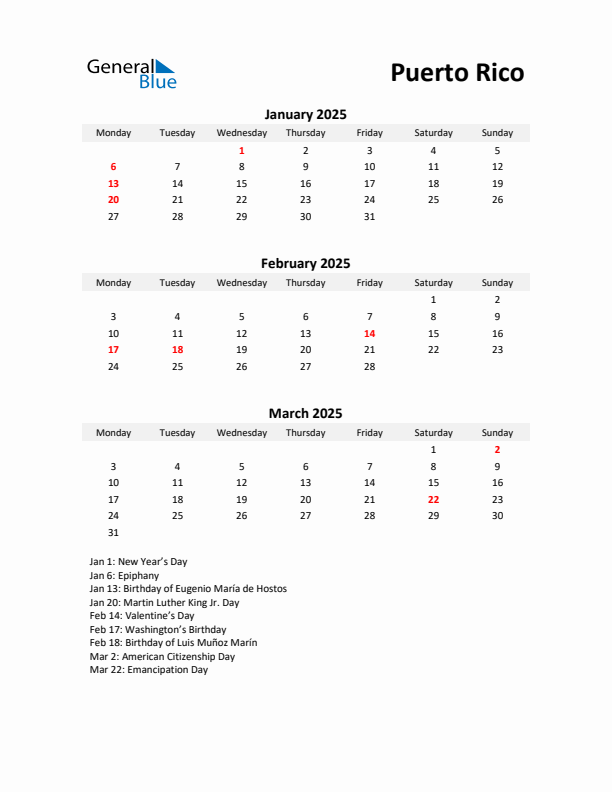 Printable Quarterly Calendar with Notes and Puerto Rico Holidays- Q1 of 2025