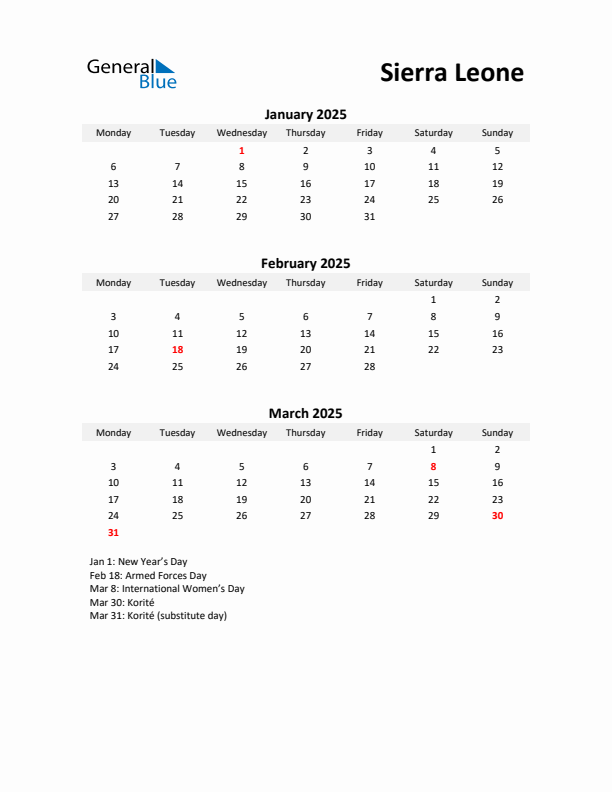 Printable Quarterly Calendar with Notes and Sierra Leone Holidays- Q1 of 2025