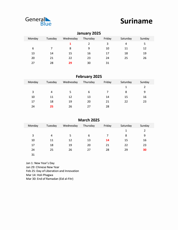 Printable Quarterly Calendar with Notes and Suriname Holidays- Q1 of 2025