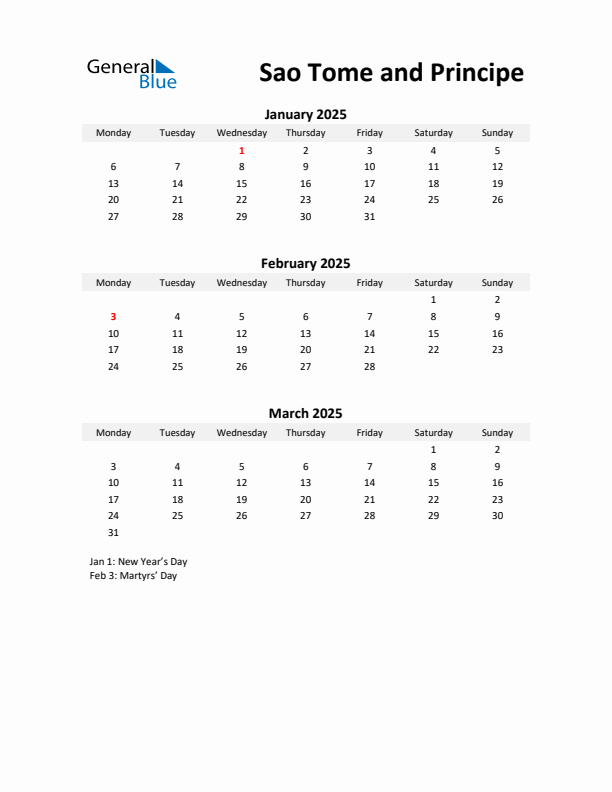 Printable Quarterly Calendar with Notes and Sao Tome and Principe Holidays- Q1 of 2025