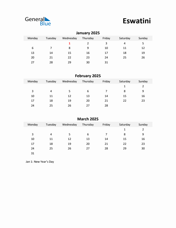 Printable Quarterly Calendar with Notes and Eswatini Holidays- Q1 of 2025