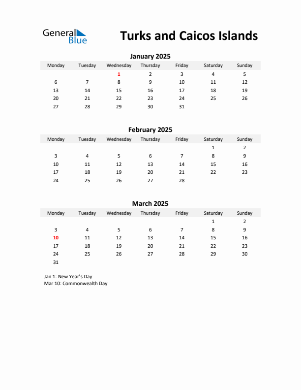 Printable Quarterly Calendar with Notes and Turks and Caicos Islands Holidays- Q1 of 2025