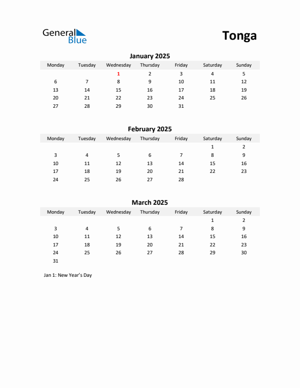 Printable Quarterly Calendar with Notes and Tonga Holidays- Q1 of 2025