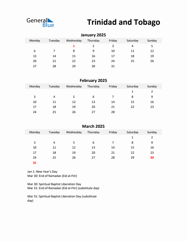 Printable Quarterly Calendar with Notes and Trinidad and Tobago Holidays- Q1 of 2025
