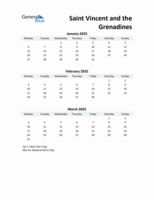 Printable Quarterly Calendar with Notes and Saint Vincent and the Grenadines Holidays- Q1 of 2025