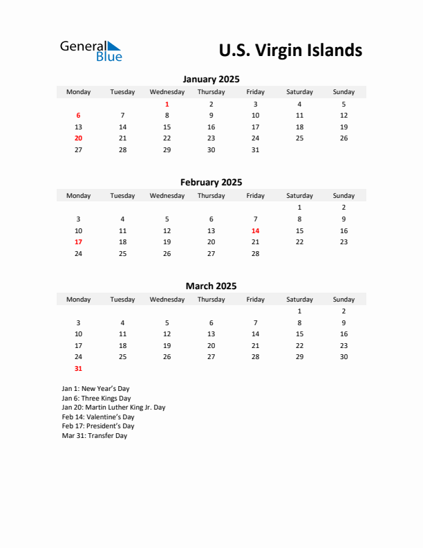 Printable Quarterly Calendar with Notes and U.S. Virgin Islands Holidays- Q1 of 2025