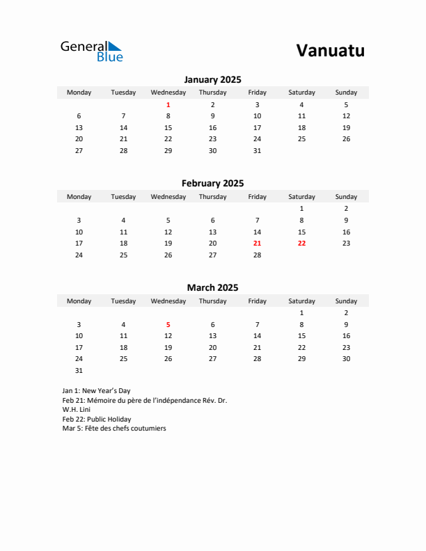 Printable Quarterly Calendar with Notes and Vanuatu Holidays- Q1 of 2025