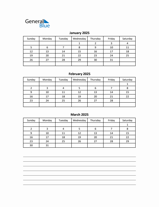 Quarter 1 2025 calendar template