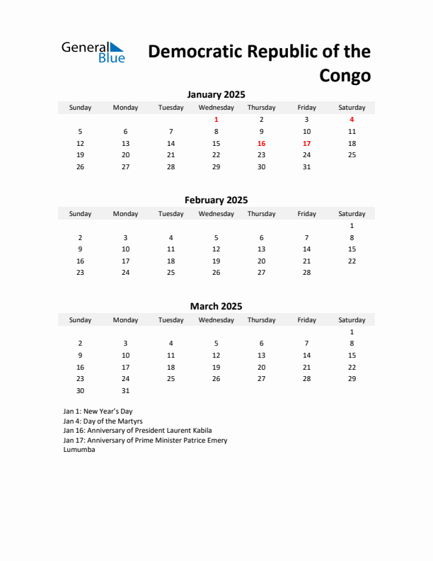 Printable Quarterly Calendar with Notes and Democratic Republic of the Congo Holidays- Q1 of 2025