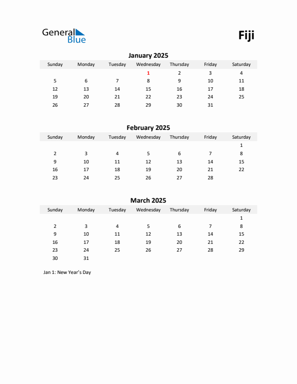 Printable Quarterly Calendar with Notes and Fiji Holidays- Q1 of 2025