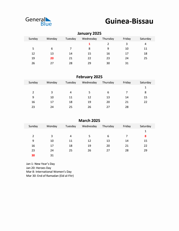 Printable Quarterly Calendar with Notes and Guinea-Bissau Holidays- Q1 of 2025