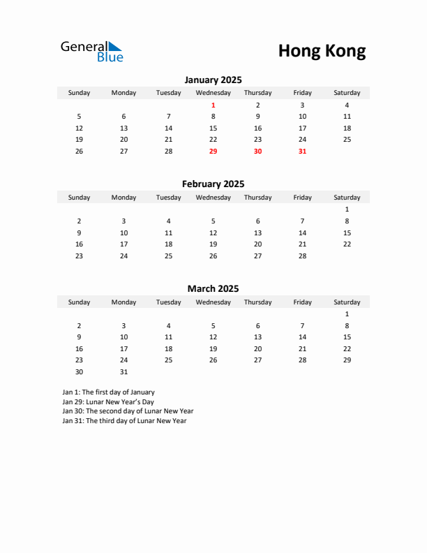 Printable Quarterly Calendar with Notes and Hong Kong Holidays- Q1 of 2025