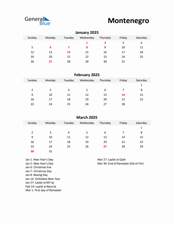 Printable Quarterly Calendar with Notes and Montenegro Holidays- Q1 of 2025