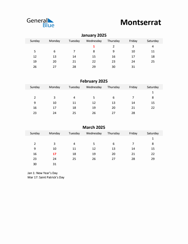 Printable Quarterly Calendar with Notes and Montserrat Holidays- Q1 of 2025