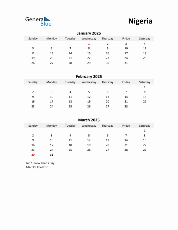 Printable Quarterly Calendar with Notes and Nigeria Holidays- Q1 of 2025