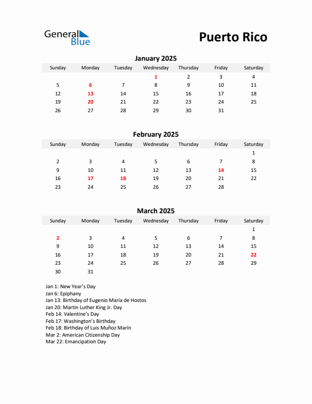 Printable Quarterly Calendar with Notes and Puerto Rico Holidays- Q1 of 2025