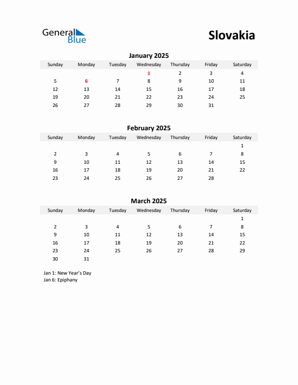 Printable Quarterly Calendar with Notes and Slovakia Holidays- Q1 of 2025