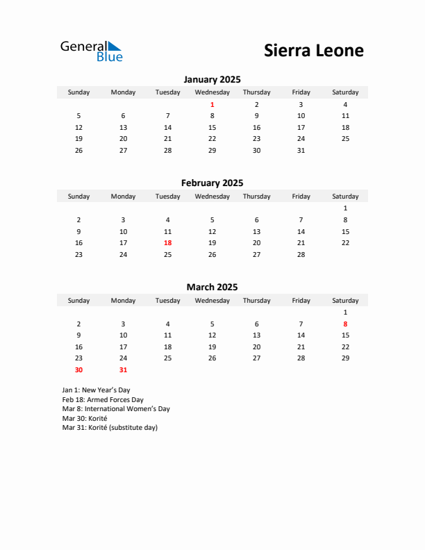 Printable Quarterly Calendar with Notes and Sierra Leone Holidays- Q1 of 2025