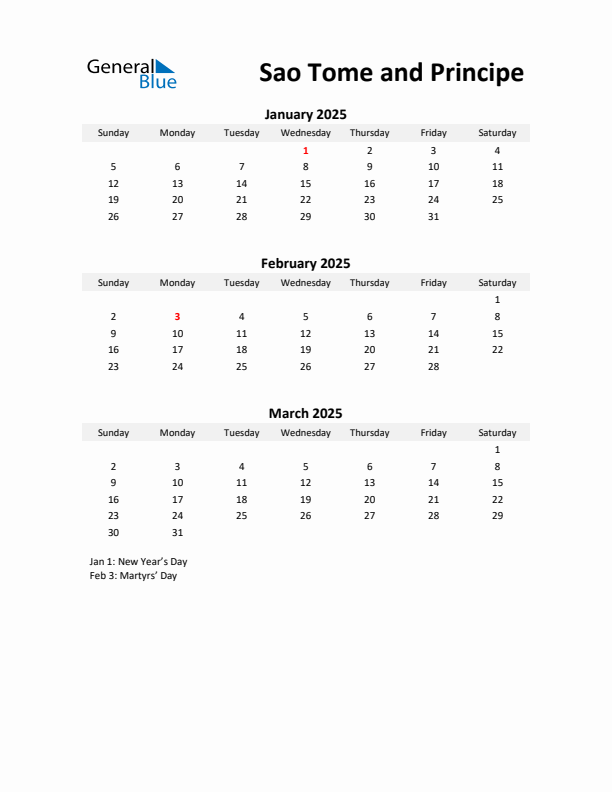 Printable Quarterly Calendar with Notes and Sao Tome and Principe Holidays- Q1 of 2025
