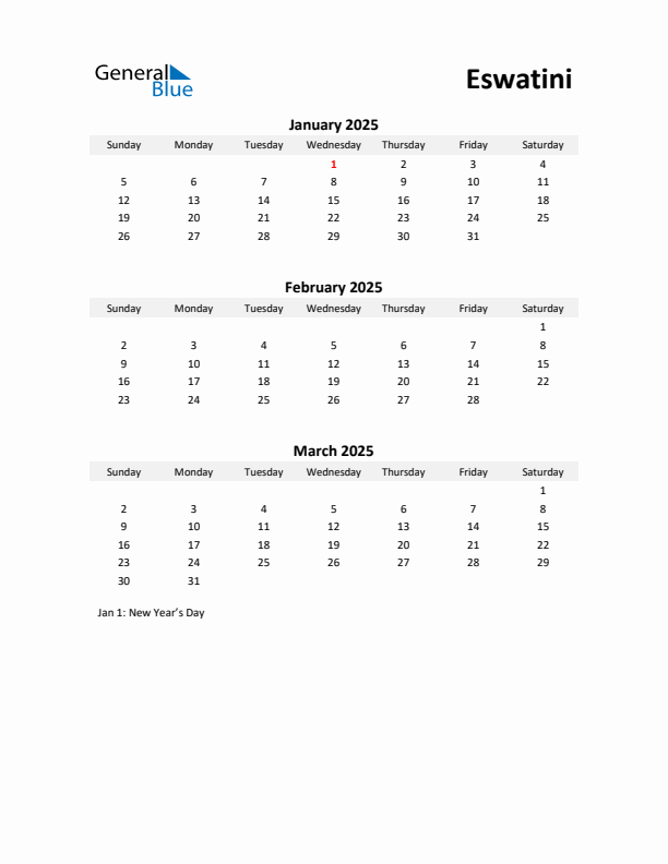 Printable Quarterly Calendar with Notes and Eswatini Holidays- Q1 of 2025
