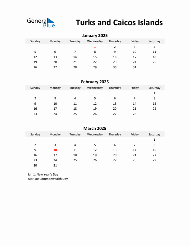 Printable Quarterly Calendar with Notes and Turks and Caicos Islands Holidays- Q1 of 2025