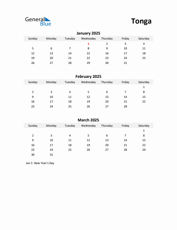 Printable Quarterly Calendar with Notes and Tonga Holidays- Q1 of 2025