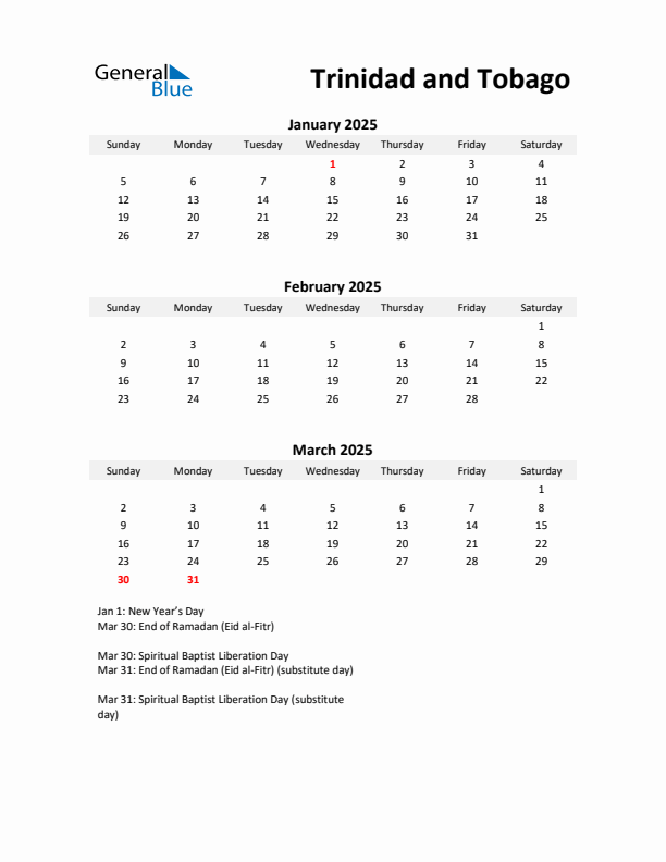 Printable Quarterly Calendar with Notes and Trinidad and Tobago Holidays- Q1 of 2025