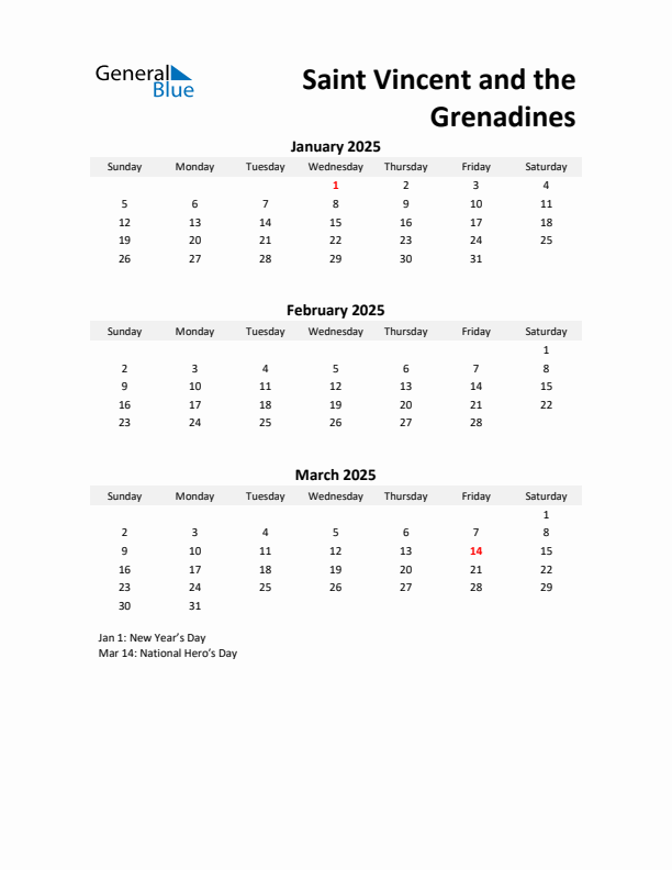 Printable Quarterly Calendar with Notes and Saint Vincent and the Grenadines Holidays- Q1 of 2025