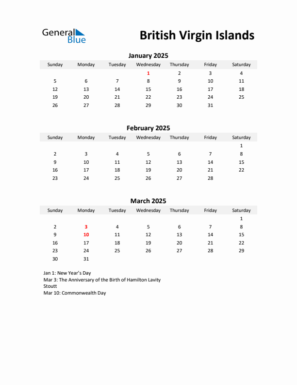 Printable Quarterly Calendar with Notes and British Virgin Islands Holidays- Q1 of 2025