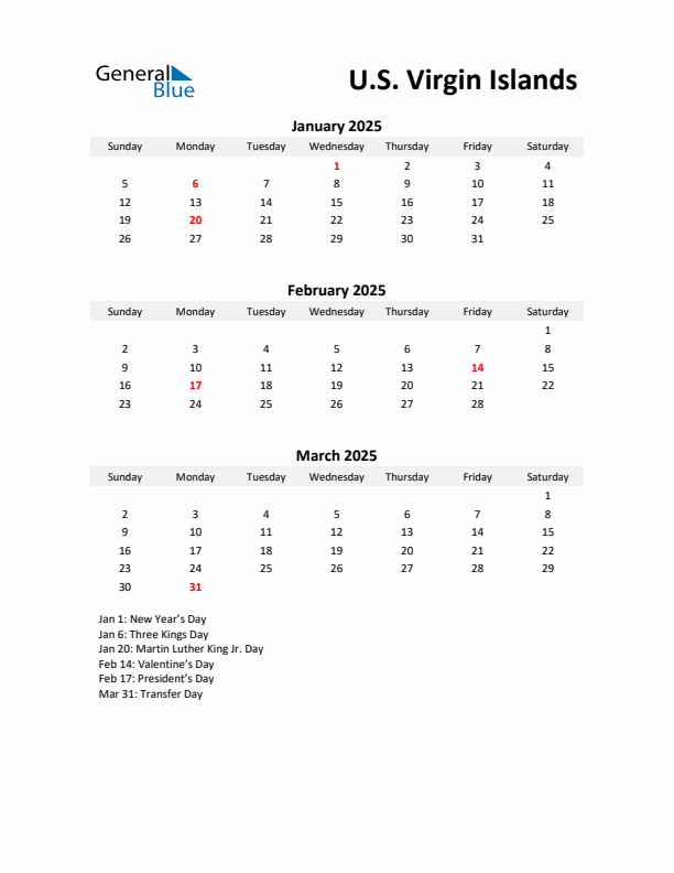 Printable Quarterly Calendar with Notes and U.S. Virgin Islands Holidays- Q1 of 2025
